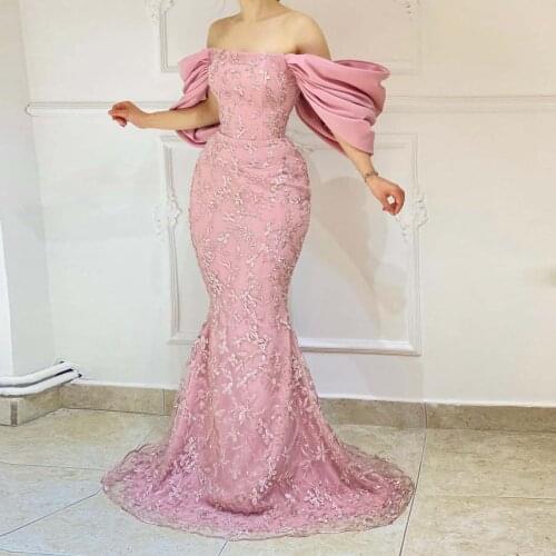 Pink Elegant Simple Moroccan Caftan Evening Dress Floor Length Applique Mermaid Lace Off-The-Shoulder Prom Dresses Plus Size