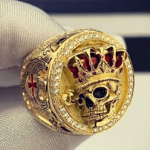 Fashion Personlity 3D Stereo Engraving Crown Skull Rings for Women Men Hip Hop Rock Full Zircon Skeleton Head Biker Ring Jewelry