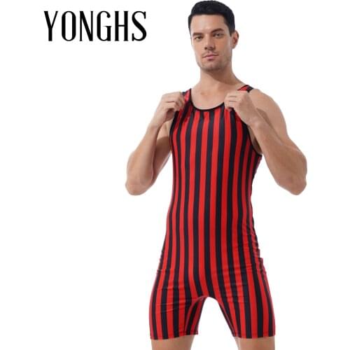 Mens Striped Wrestling Singlet Bodysuit Weight Lifting Stretchy Leotard Workout Gymnastic Fitness Outfits Athletic Jumpsuit