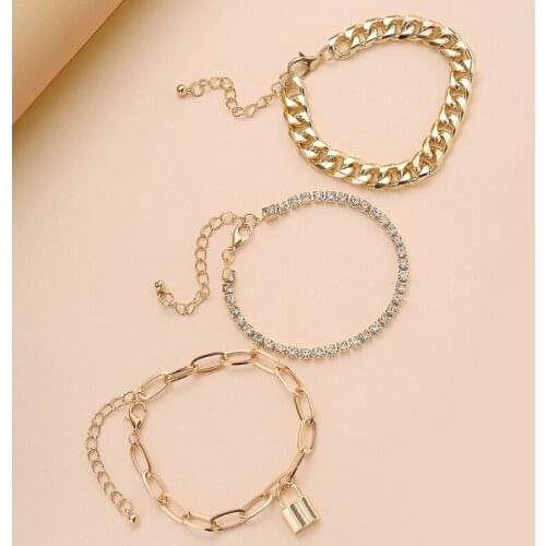 3Pcs/Set Crystal Lock Pedant Bracelets Set for Women Boho Luxury Buling Rhinestone Chain Bracelets Bangles Jewelry