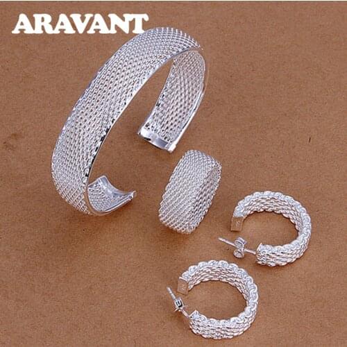 925 Silver Jewelry Sets Fashion Circle Braided Mesh Rings Earrings Bangle For Women Bridal Wedding Jewelry