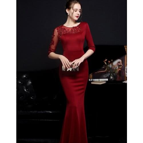 2021 New Elegant Burgund Appliques Beads Evening Dress See through Tulle Long Sleeve Dress