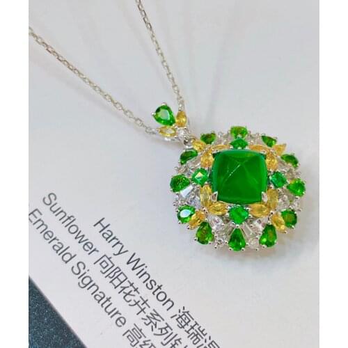 LR Fine Jewelry 18K Solid Gold Green Emerald Pendant Emearld 2ct Gold Diamond Pendant Gemstone Necklaces for Women