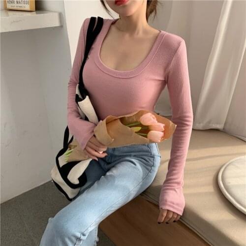 Casual Ladies Long Sleeves T Shirts Square Collar Fashion Solid Slim Women T-shirts 6 Colors Pullovers Ladies Sexy Korean Tops