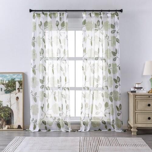 Leaf Print Sheer Curtain for Window Voile Curtain Tulle for Kitchen Bedroom Living Room Embroidered Drape Home Window Treatment