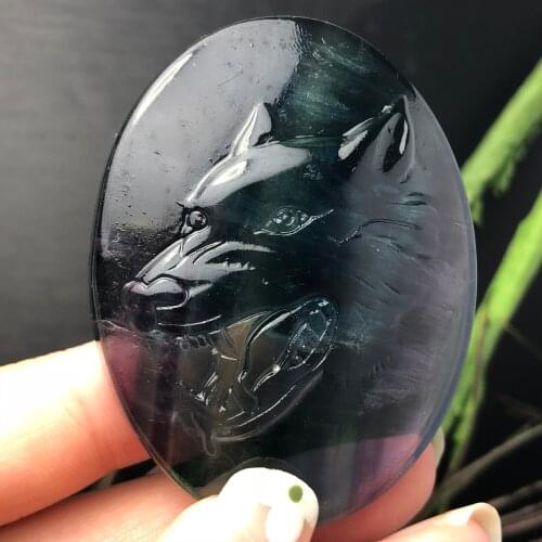 Rare natural fluorite crystal carved Wolf head shingle, symbol of courage
