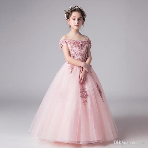 Pink Arabic Flower Girl Dresses Floral Appliques Pearls Child Wedding Dresses Vintage Little Girl Pageant Dresses