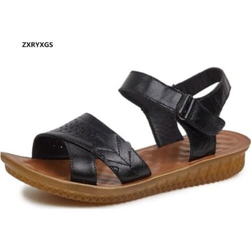 Promotion 2020 New Genuine Leather Sandals Open Shoes Summer Mom Sandals Flat Bottom Soft Comfortable Shoes Woman Sandals