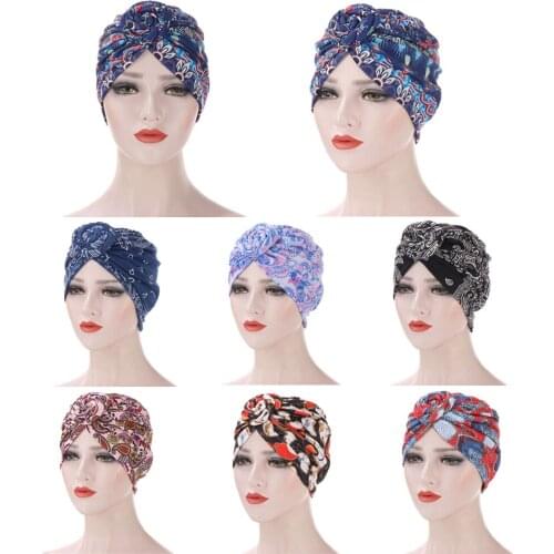 Women Knot Bonnet Chemo Hair Loss Cap Muslim Hijab Long Turban Hats Head Scarf Wrap Islamic Arab Scarf Twist Knot Printed Beanie