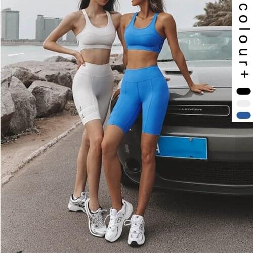 2021New Yoga Sets 2PCS Fitness Suits Shockproof Bra&High Stretchy Shorts Gym Clothing Sportswear Female Nylon Sports Tracksuits