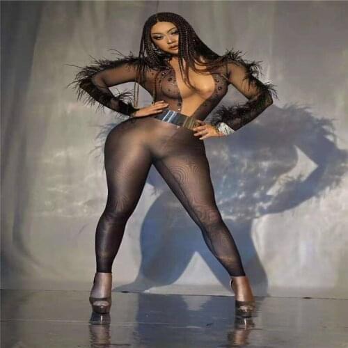 T52 Sexy female pole dance jumpsuit black rhinestone feather outfit sleeve bodysuit party wears celebrate dress elastic costume