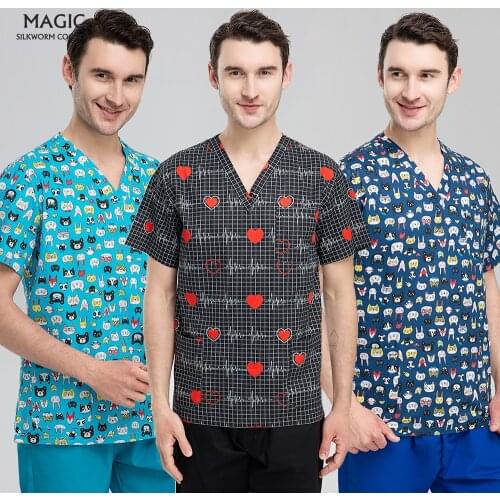 Cartoon Print Nurse Scrubs Tops T-Shirt Women Short Sleeve V-neck Working Spa Nurse Uniform Unisex Medical Hospital Doctor Tops