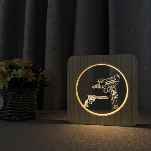 Submachine Gun Shape 3D LED Arylic Wooden Night Lamp Table Light Switch Control Carving Lamp for Childrens Room Decorate