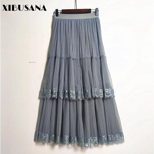 XIBUSANA 2020 Autumn Lace Net Yarn A-Line Mid Calf Skirts Womens Vintage Solid High Waist Splicing Cake Pleated Skirts Female