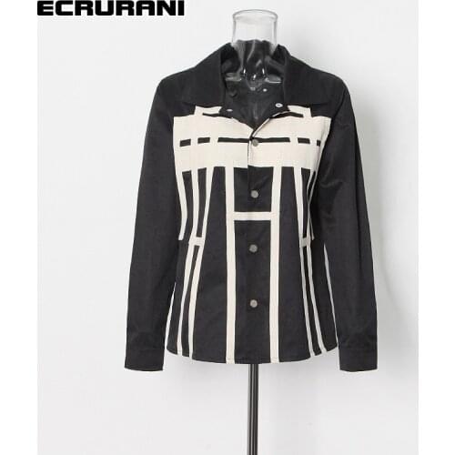 ECRURANI Patchwork Vintage Coats For Women Lapel Long Sleeve Hit Color Streetwear Black Jackets Female 2021 Fashion New Clothing