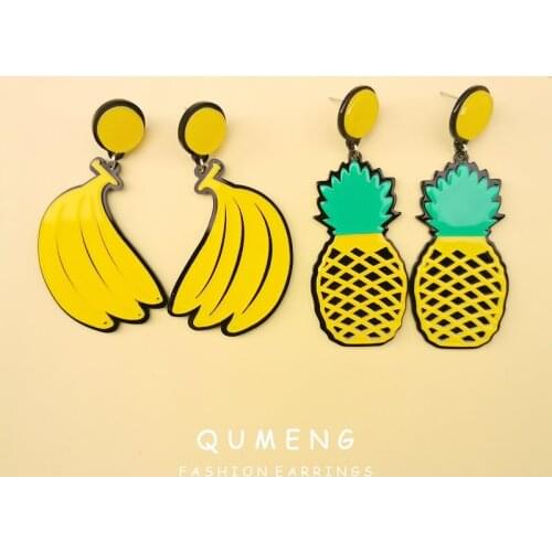 QUMENG Cute Pineapple banana Fruit Earrings For Women Korean Style Fashion Resin Acrylic stud Earring Ladies Big punk Earring