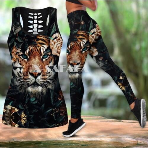Tiger with Flowe Animal Two Piece Yoga Set Women 3D Print Vest Hollow Out Tank Top High Waist Legging Summer Casual Sport1