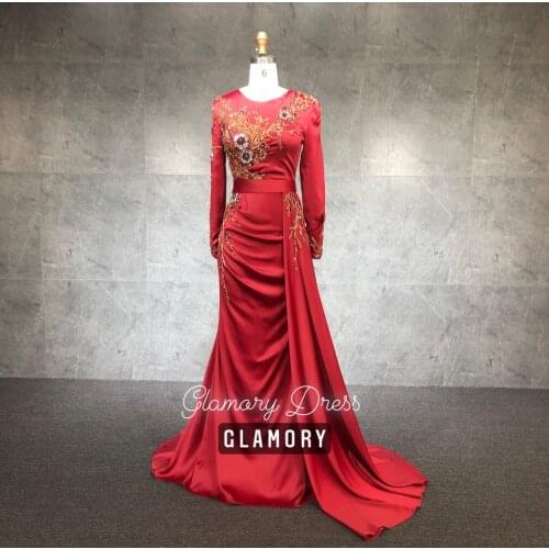 NEW 2021 Muslim Long Sleeve Satin Evening Gowns Mermaid Beading Party Wear Dresses For Woman