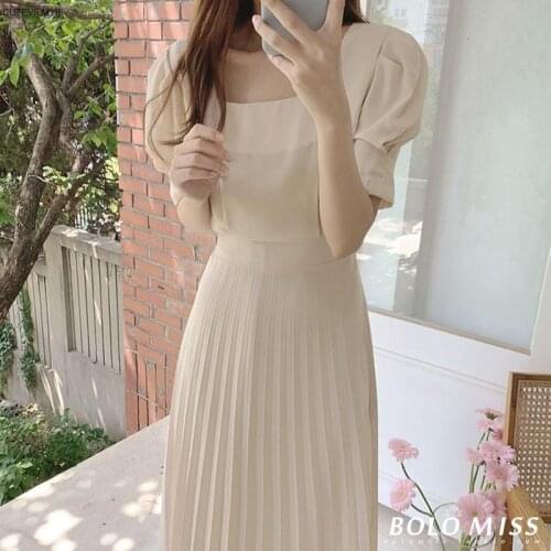 Woman Dress Korean Style Chic Casual Short Sleeve Clothing Pleated High Waist 2021 Empire Dresses Mid-Calf Beige Sashes