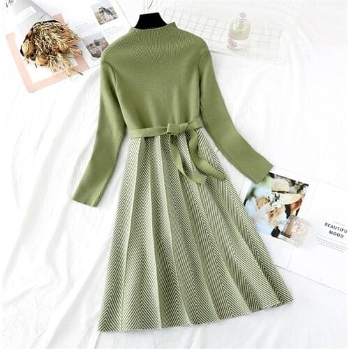 2021 Autumn Winter Women Knit Dress Korean Elegant Pullover Pleated Plus Size Long Sleeve Lace Up A-Line Ladies Vestidos H1158