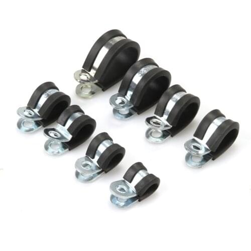 10pcs Diameter 6/8/10/12/14/16/20/24mm Galvanized iron R Style Rubber Lined P Clips Wiring Hose Clamp Pipe Cable P Clip Metal