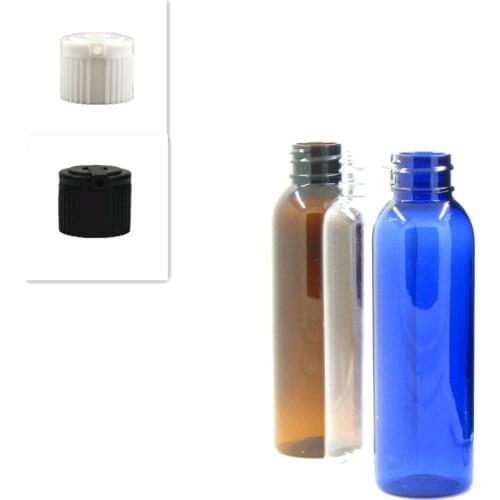 60ml empty cosmo round plastic bottle, clear/blue/amber pet bottle with black/white spouted dispensing x5