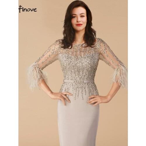 2021 Elegant Formal Evening Dresses O-Neck Long Sleeves with Feather Illusion Beads Party Dress vestido para mae da noiva