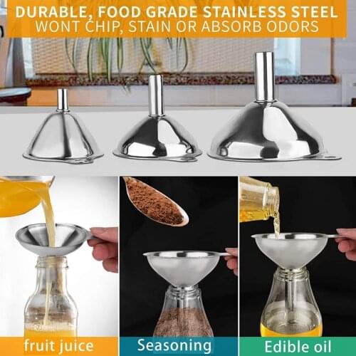 3 Pack Stainless Steel Funnels Set for Kitchen Use Filling Bottles Liquor Flask Tiny Spice Cooking Powder Water