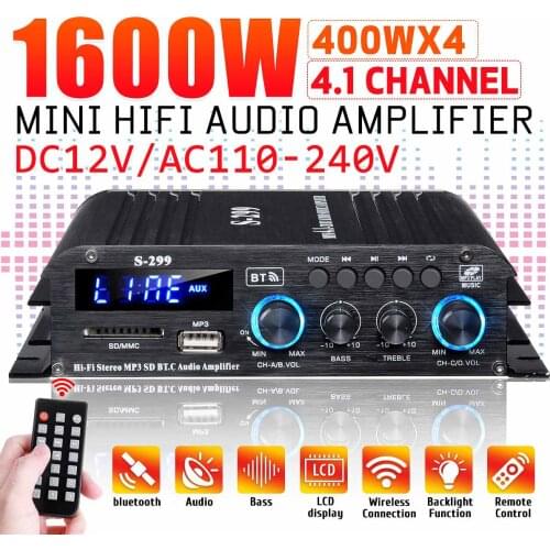 4*400W 4.1 Channel HIFI bluetooth Power Amplifier Car/Home Theater Digital Power Audio Amplificador for Speaker Bass USB/SD AUX