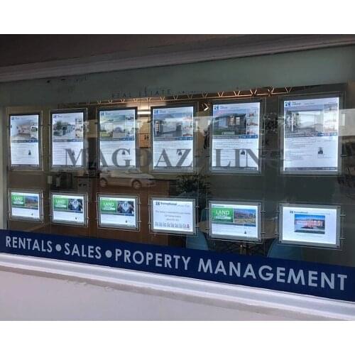 6PCS A4 Landscape +6PCS A3 Vertical Single Side Magnetic Hanging Acrylic Frame LED Window Light Display Panel for Real Estate