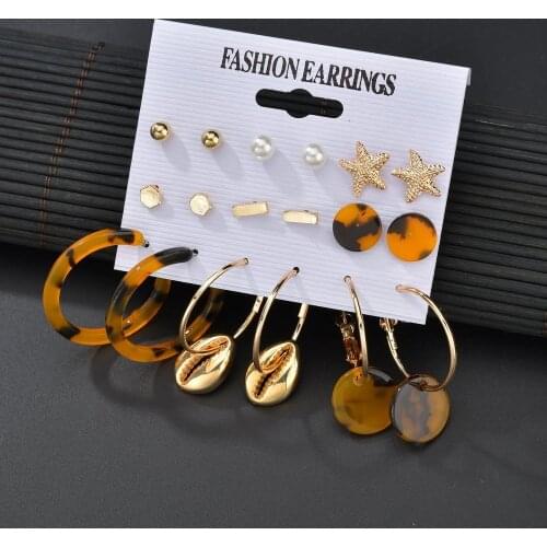 9 Pairs Classic C Shaped Leopard Pattern Acrylic Metal Shell Pearl Starfish Hoop Drop Pendent Earrings Set for Women Girls Gift