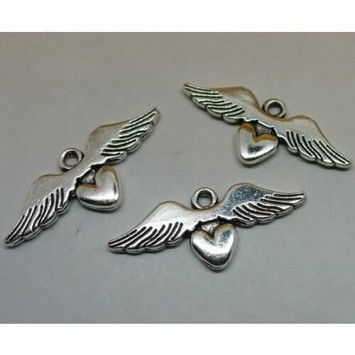 ALYMMO 6Pcs/lot Antique Silver Angel Wings Heart Charms 34x15mm Loving Heart Pendant Jewelry Findings