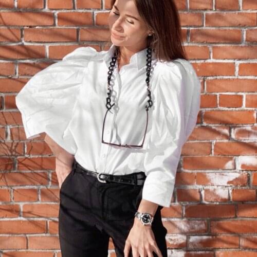 Fashion Elegant Puff Sleeve Shirt White Batwing Sleeve Blouses Women Casual Autumn Streetwear Button Up Ladies Korean Blouse