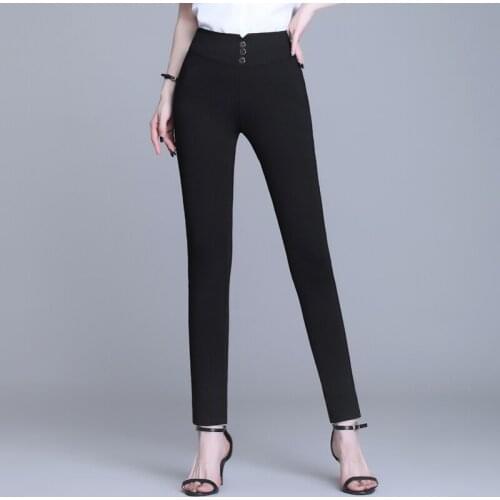 Vintage Buttons Black Trousers Women High Waist Office Pants Ladies Pencil Trousers Work Wear Spring Autumn Long Pants 3XL 4XL