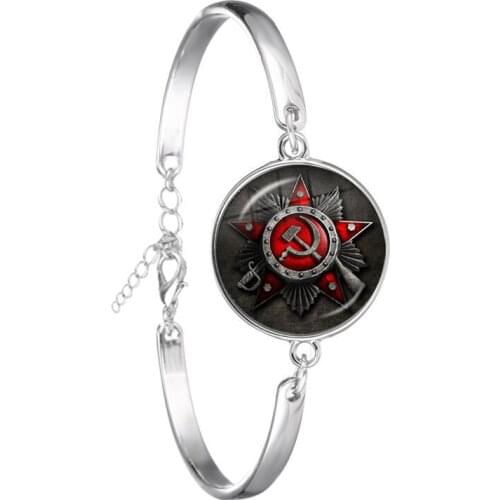 CCCP USSR Soviet Army Red Star Chain Bracelet Glass Cabochon Art Round Russian Badges LOGO Bangle Wrist Jewelry For Women Men