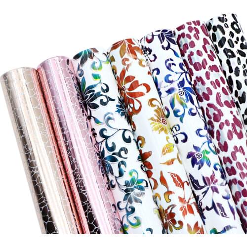 Holographic Laser Leopard Pattern Faux Leather Sheets Synthetic Leather Fabric Set 20*33cm for DIY Bows Pouch Leather Crafts