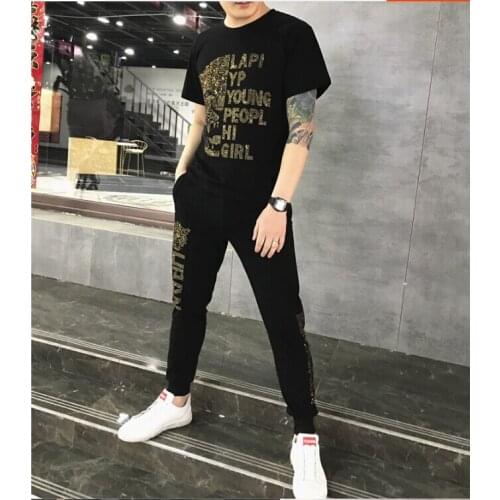 Fashion Streetwear Sportsuit and Tee Shirt Set Mens T Shirt and Pants Men Summer Tracksuit Men Casual Diamond