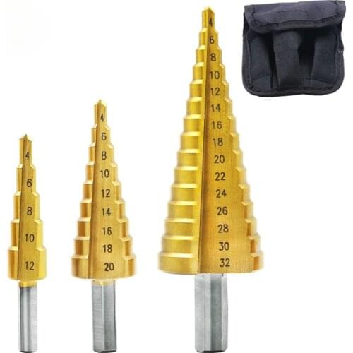 3PCS 4-12mm 4-20mm 4-32mm HSS Straight Groove Step Drill Bit Set Titanium Coated Wood Metal Hole Cutter Core Drill Bit Set
