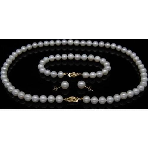 Natural AAA + white 7-8mm pearl necklaces bracelets earrings 18"+7.5"