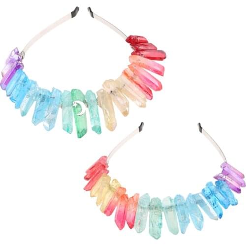 Raw Crystal Quartz Crown Headband Handmade Rainbow Colorful Stone Jewelry Hair Hoop Bohemian Wedding Party Headpiece