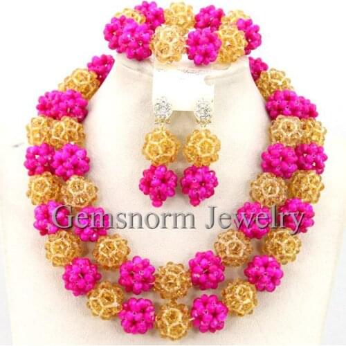 Charming Fuchsia Pink Gold Champagne African Bridal Beads Necklace Set Nigerian Wedding Jewelry Set Gift Free Shipping WB416