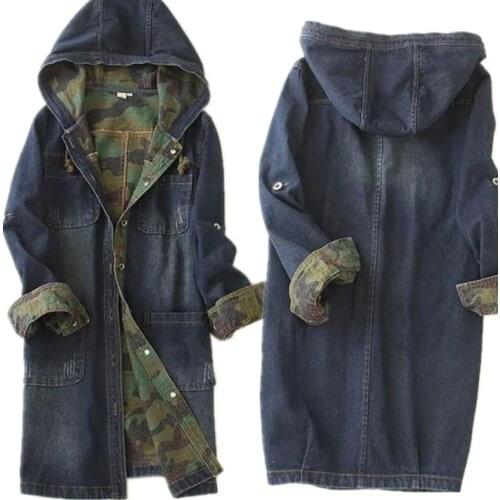 Single-breasted long denim hooded jacket camouflage high quality women denim jacket