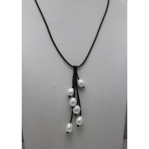 Fashion Leather Pearl Jewelry Black Genuine Leather 6 White Freshwater Pearl Necklace 18 Inches No Metal