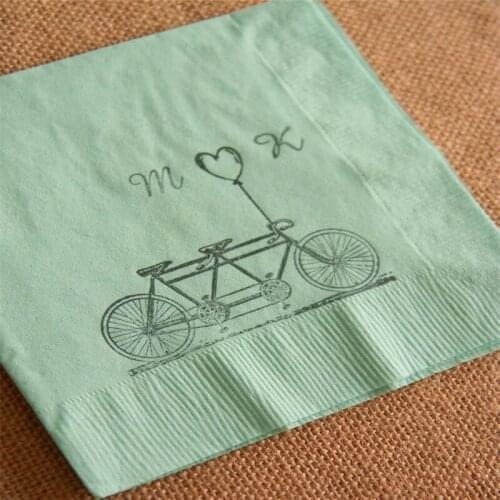 Personalized Cocktail Napkins Bicycle Built for Two Tandem Love Ivory Wedding Ply with Initials and Heart Balloon in Coffee ink