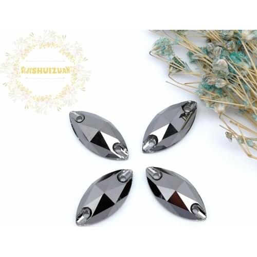 High-quality Metal silver black 001MS Horse eye Crystal Glass Sew-on Rhinestones with two holes DIY wedding Dresses and Clothes