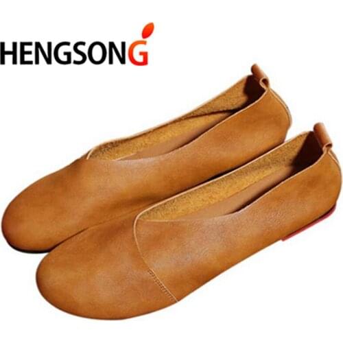 Genuine Leather Flat Shoes Woman Hand-sewn Leather Loafers Cowhide Flexible Spring Casual Shoes Women Flats Women Shoes