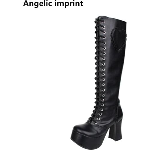Angelic imprint mori girl Women motorcycle shoes lady high heels lolita boots woman princess dress pumps heart 33-47 9.5cm 33-44