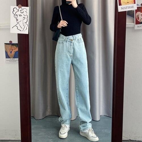 S-XL Spring 2021 European and American High Waist Black Gray Straight Wide Leg Jeans Women Irregular Waist Long Denim Trouser