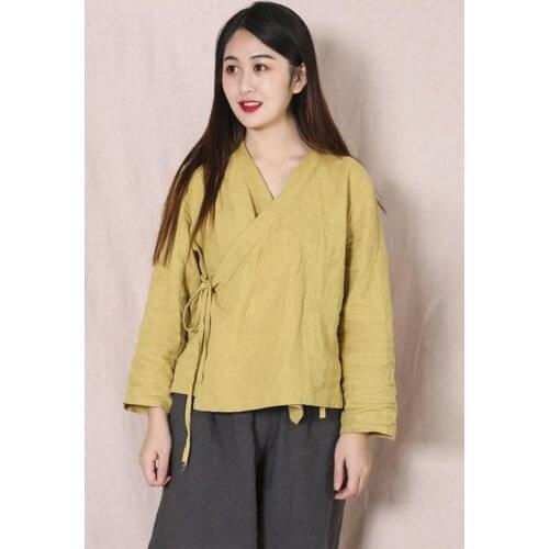 Johnature Autumn Winter Women V-neck Solid Color Vintage Lace Up Tops 2021 New Cotton Linen All-match 3 Color Fashion Women Tops