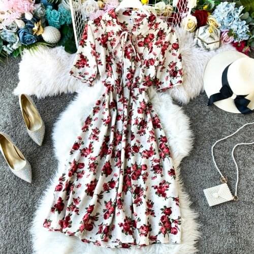 Mori Girl Sweet Dress 2020 New Summer Women Floral Print Long Chiffon Dress Female Short Sleeve Pleated Vestidos Korean Fashion